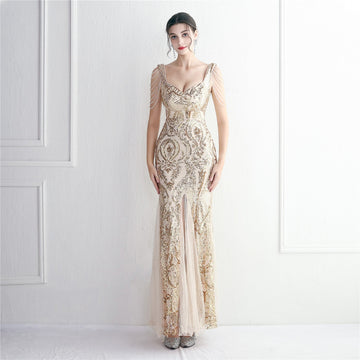 Sequin Mesh Craft Beaded Party Dress Long Cocktail Slim Fit Evening Dress Elegant Long